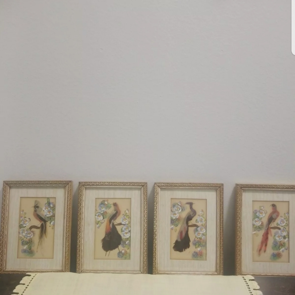 Vintage Mexican Framed Feather Bird Art, Lot Of 4